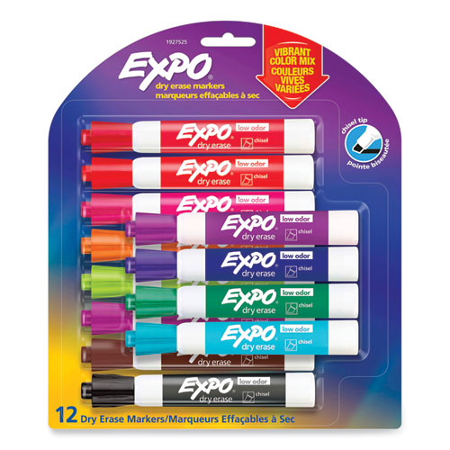 Low Odor Dry Erase Vibrant Color Markers, Broad Chisel Tip, Assorted Colors, 12/Set