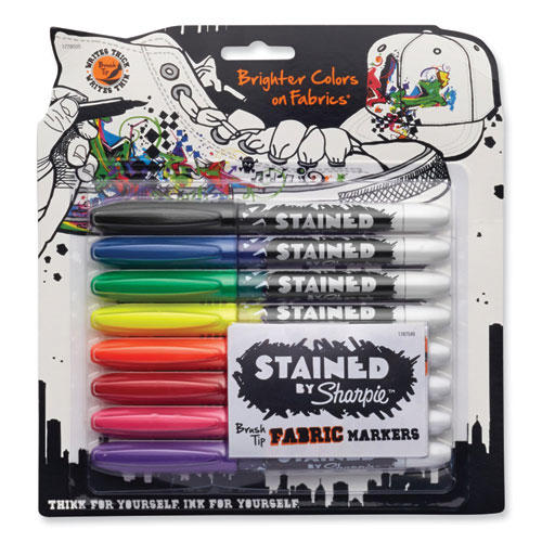 Sharpie® Stained Fabric Markers, Medium Brush Tip, Assorted Colors, 8/Pack