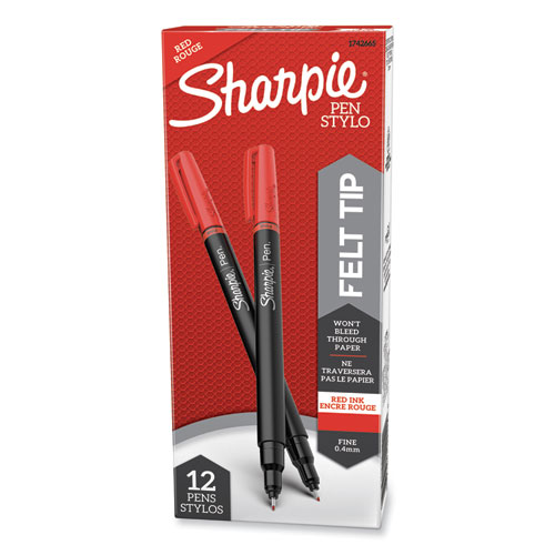 Sharpie® Water-Resistant Ink Porous Point Pen, Stick, Fine 0.4 Mm, Red Ink, Black/Gray/Red Barrel, Dozen
