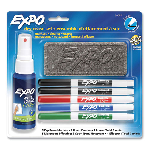 Expo® Dry Erase Marker, Eraser And Cleaner Kit, Fine Bullet Tip, Assorted Colors, 5/Set