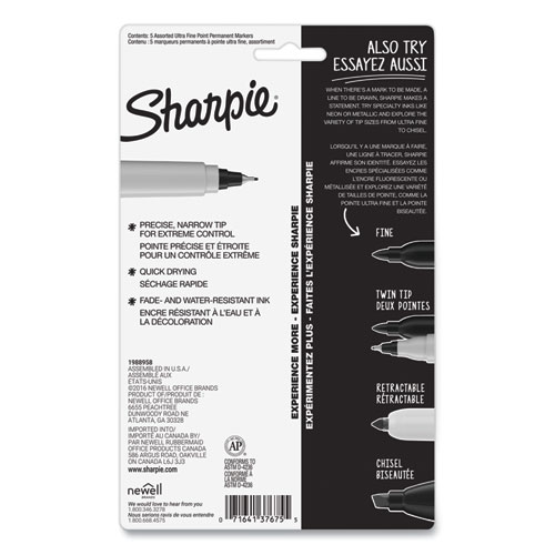 Image of Sharpie® Ultra Fine Tip Permanent Marker, Ultra-Fine Needle Tip, Assorted Colors, 5/Set