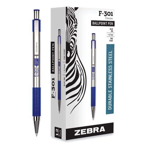 F-301 Ballpoint Pen, Retractable, Fine 0.7 mm, Blue Ink, Stainless Steel/Blue Barrel
