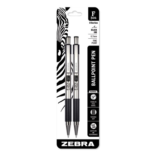 F-301 Ballpoint Pen, Retractable, Fine 0.7 mm, Black Ink, Stainless Steel/Black Barrel, 2/Pack