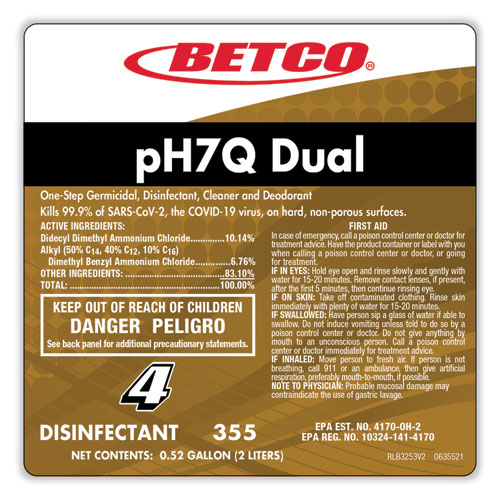 pH7Q Dual Neutral Disinfectant Cleaner, Lemon Scent, 67.6 oz Bottle, 4/Carton
