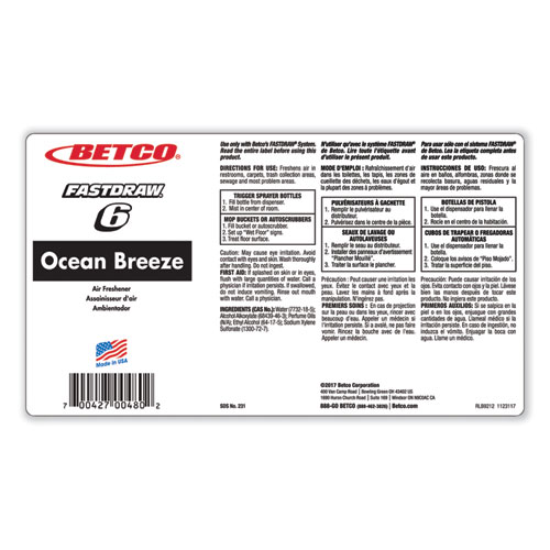 BestScent Ocean Breeze Deodorizer, Ocean Breeze Scent, 67.6 oz FastDraw Bottle, 4/Carton