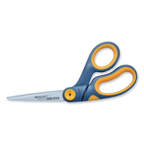 Westcott® Non-Stick Titanium Bonded Scissors, 8" Long, 3.25" Cut Length, Gray/Yellow Bent Handle