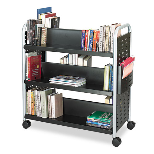 Safco® Scoot Double-Sided Book Cart, Metal, 6 Shelves, 1 Bin, 41.25" x 17.75" x 41.25", Black
