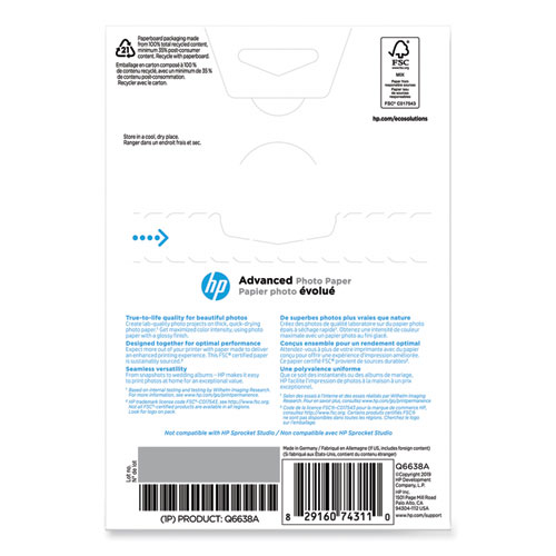 Image of Hp Advanced Photo Paper, 10.5 Mil, 4 X 6, Glossy White, 100/Pack