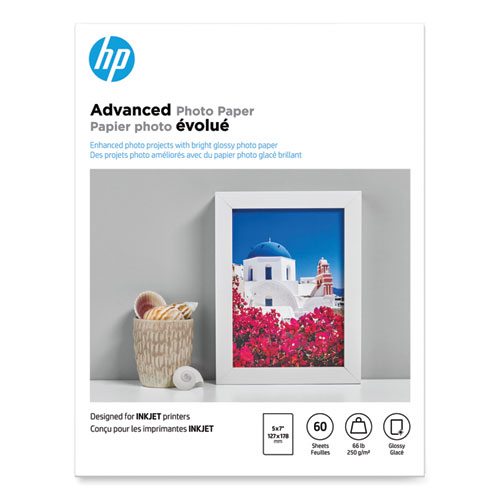 HP Advanced Photo Paper, 10.5 mil, 5 x 7, Glossy White, 60/Pack
