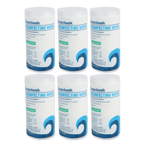 Image of Boardwalk® Disinfecting Wipes, 7 X 8, Fresh Scent, 75/Canister, 6 Canisters/Carton