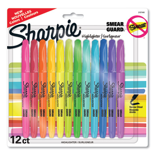 Sharpie® Pocket Style Highlighters, Assorted Ink Colors, Chisel Tip, Assorted Barrel Colors, 12/Pack