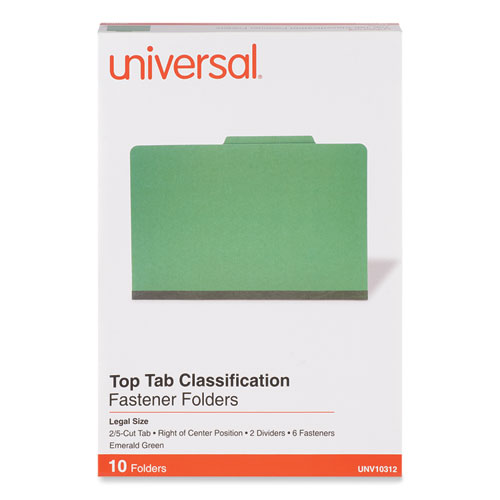 Universal® Bright Colored Pressboard Classification Folders, 2" Expansion, 2 Dividers, 6 Fasteners, Legal Size, Emerald Green, 10/Box