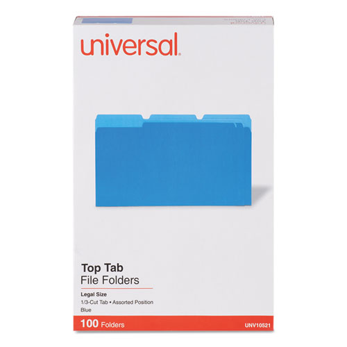 Universal® Deluxe Colored Top Tab File Folders, 1/3-Cut Tabs: Assorted, Legal Size, Blue/Light Blue, 100/Box