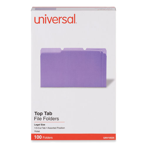 Universal® Deluxe Colored Top Tab File Folders, 1/3-Cut Tabs: Assorted, Legal Size, Violet/Light Violet, 100/Box