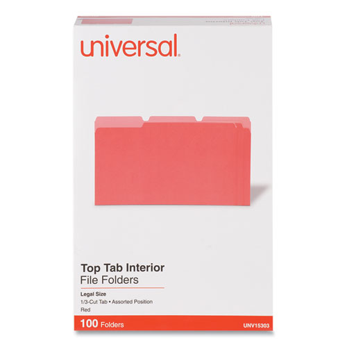 Image of Universal® Interior File Folders, 1/3-Cut Tabs: Assorted, Legal Size, 11-Pt Stock, Red, 100/Box