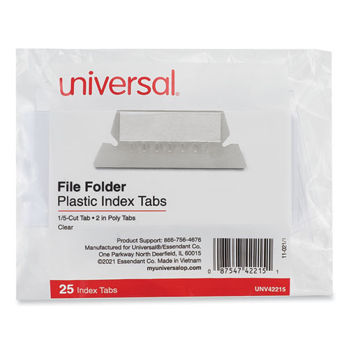 Image of Universal® Hanging File Folder Plastic Index Tabs, 1/5-Cut, Clear, 2.25" Wide, 25/Pack