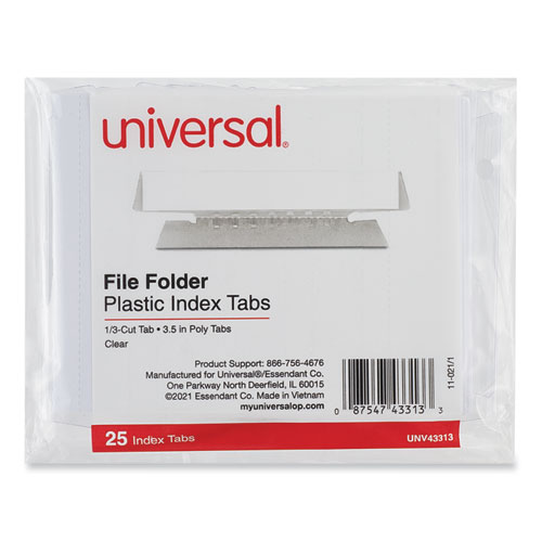 Universal® Hanging File Folder Plastic Index Tabs, 1/3-Cut, Clear, 3.7" Wide, 25/Pack
