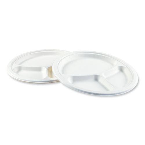 Image of Boardwalk® Bagasse Pfas-Free Dinnerware, Plate, 10" Dia, 3-Compartment, White, 500/Carton