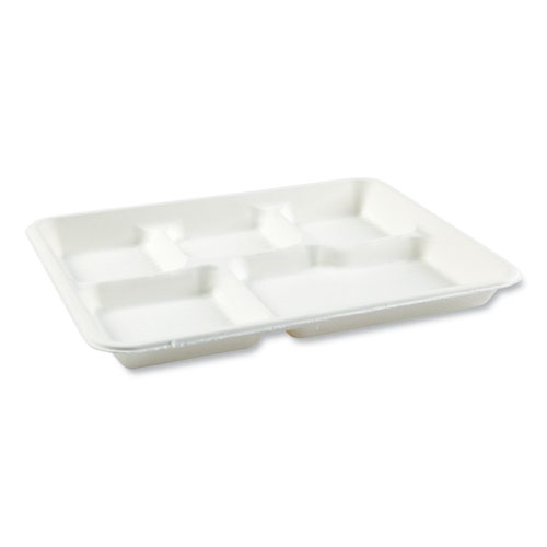 Image of Boardwalk® Bagasse Pfas-Free Food Tray, 5-Compartment, 8.26 X 0.98 X 10.9, White, Bamboo/Sugarcane, 500/Carton