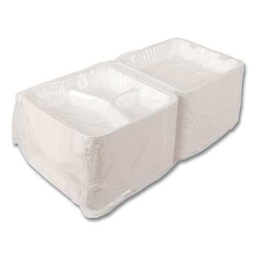 Image of Boardwalk® Bagasse Pfas-Free Food Containers, 3-Compartment, 9 X 1.93 X 9, White, Bamboo/Sugarcane, 200/Carton