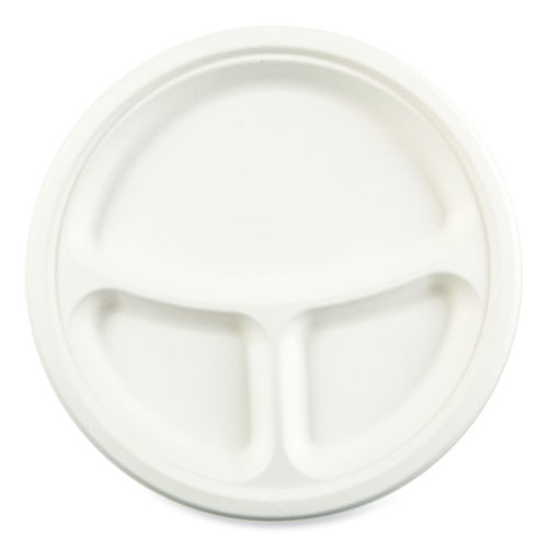 Bagasse PFAS-Free Dinnerware, Plate, 10" dia, 3-Compartment, White, 500/Carton