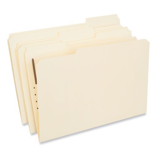 Universal® Reinforced Top Tab Fastener Folders, 0.75" Expansion, 1 Fastener, Legal Size, Manila Exterior, 50/Box
