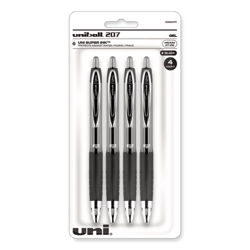 Uniball® Signo 207 Gel Pen, Retractable, Medium 0.7 Mm, Black Ink, Translucent Black Barrel, 4/Pack