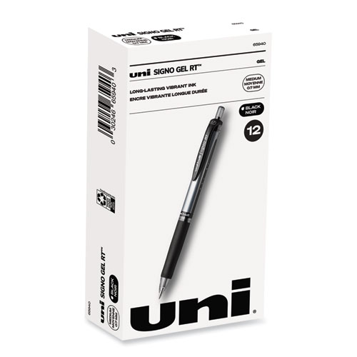 uniball® Signo Gel Pen, Retractable, Medium 0.7 mm, Black Ink, Silver/Black Barrel, Dozen