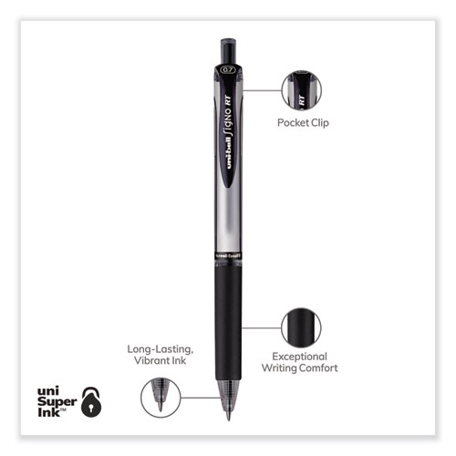 Image of Uniball® Signo Gel Pen, Retractable, Medium 0.7 Mm, Black Ink, Black/Metallic Accents Barrel, Dozen