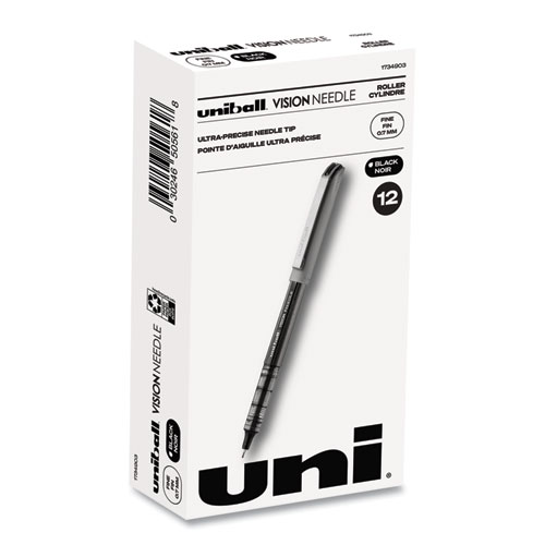 Uniball® Vision Needle Roller Ball Pen, Stick, Fine 0.7 Mm, Black Ink, Silver Barrel, Dozen