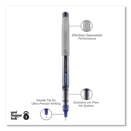 VISION Needle Roller Ball Pen, Stick, Fine 0.7 mm, Blue Ink, Gray/Clear/Blue Barrel, Dozen