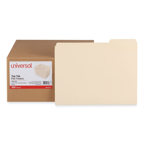 Universal® Top Tab File Folders, 1/3-Cut Tabs: Assorted, Letter Size, 0.75" Expansion, Manila, 250/Box