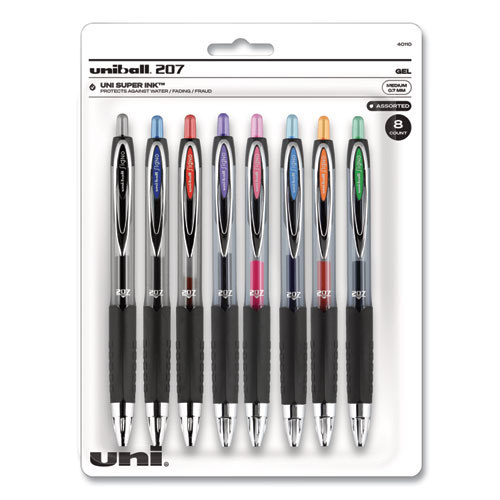 Uniball® Signo 207 Gel Pen, Retractable, Medium 0.7 Mm, Assorted Ink Colors, Black Barrel, 8/Pack