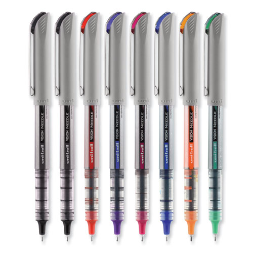 Image of Uniball® Vision Needle Roller Ball Pen, Stick, Fine 0.7 Mm, Assorted Ink Colors, Silver Barrel, 8/Pack