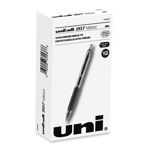 Uniball® Signo 207 Needle Point Gel Pen, Retractable, Medium 0.7 Mm, Black Ink, Black Barrel, Dozen