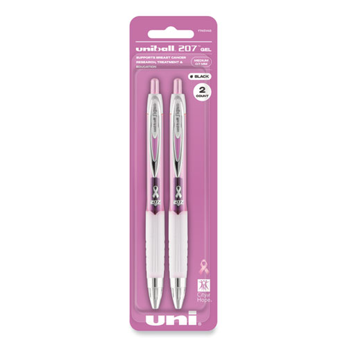 Uniball® Signo 207 Gel Pen, Retractable, Medium 0.7 Mm, Black Ink, Pink Barrel, 2/Pack