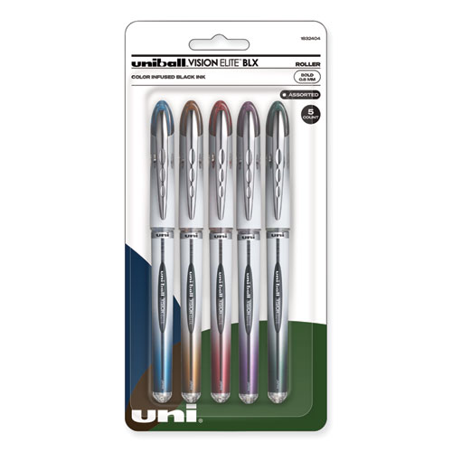 uniball® VISION ELITE BLX Series Hybrid Gel Pen, Stick, Bold 0.8 mm, Assorted Ink and Barrel Colors, 5/Pack