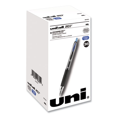 Uniball® Signo 207 Gel Pen, Retractable, Medium 0.7 Mm, Blue Ink, Black Barrel, 36/Box
