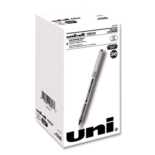Uniball® Vision Roller Ball Pen, Stick, Fine 0.7 Mm, Black Ink, Silver Barrel, 36/Pack