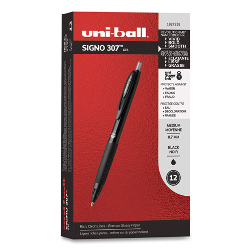Image of Uniball® 307 Gel Pen, Retractable, Medium 0.7 Mm, Black Ink, Black Barrel, Dozen