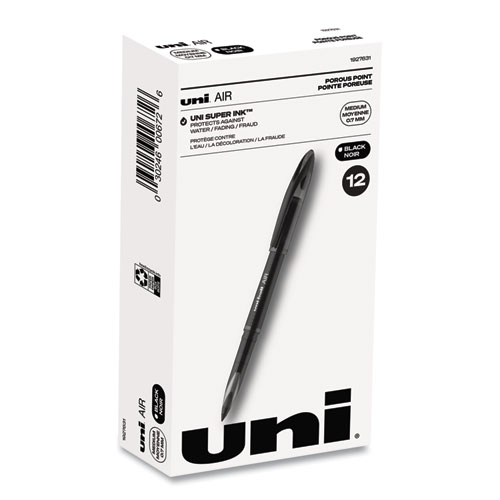uniball® AIR Porous Roller Ball Pen, Stick, Medium 0.7 mm, Blue Ink, Black/Blue Barrel, Dozen