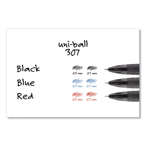Image of Uniball® 307 Gel Pen, Retractable, Micro 0.5 Mm, Blue Ink, Black Barrel, Dozen
