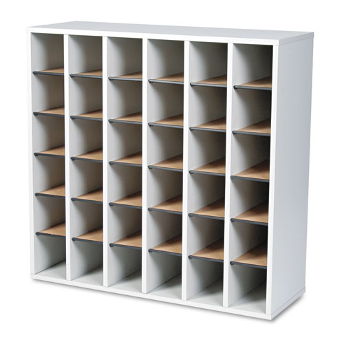 Image of Wood Mail Sorter with Adjustable Dividers, Stackable, 36 Compartments, 33.75 x 12 x 32.75, Gray