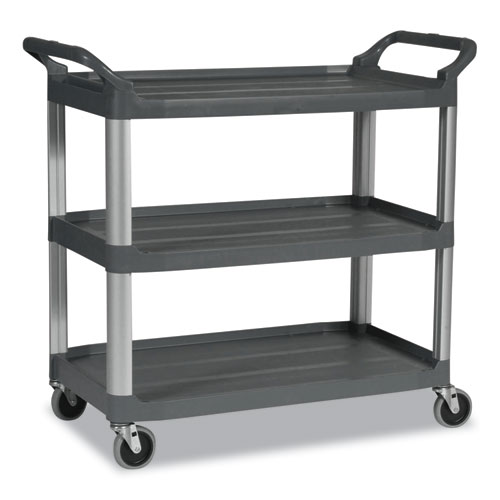 Image of Rubbermaid® Commercial Xtra Utility Cart With Open Sides, Plastic, 3 Shelves, 300 Lb Capacity, 20" X 40.63" X 37.8", Gray
