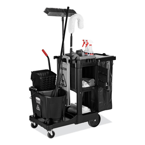Image of Rubbermaid® Commercial Executive Janitorial Cleaning Cart, Plastic, 4 Shelves, 1 Bin, 12.1" X 22.4" X 23", Black
