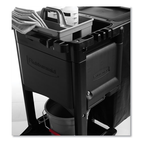 Image of Rubbermaid® Commercial Executive Janitorial Cleaning Cart, Plastic, 4 Shelves, 1 Bin, 12.1" X 22.4" X 23", Black