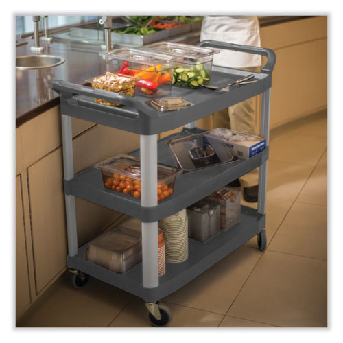 Image of Rubbermaid® Commercial Xtra Utility Cart With Open Sides, Plastic, 3 Shelves, 300 Lb Capacity, 20" X 40.63" X 37.8", Gray