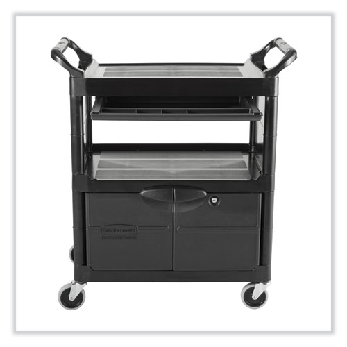 Image of Rubbermaid® Commercial Utility Cart With Locking Doors, Plastic, 3 Shelves, 200 Lb Capacity, 33.63" X 18.63" X 37.75", Black
