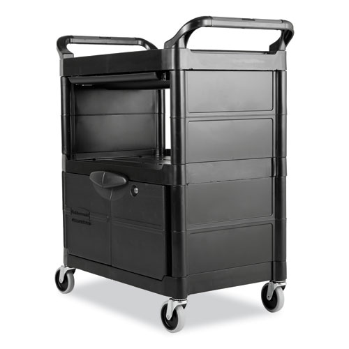 Utility Cart with Locking Doors, Plastic, 3 Shelves, 200 lb Capacity, 33.63" x 18.63" x 37.75", Black