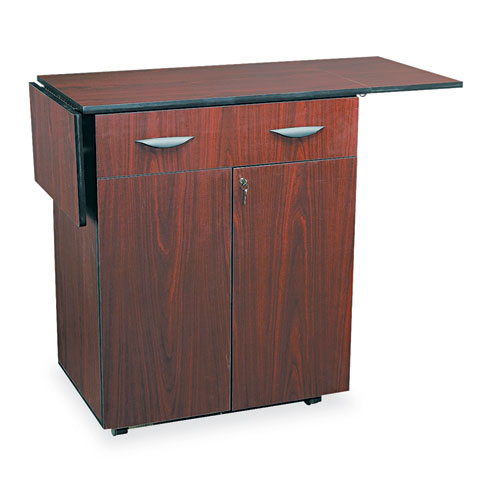 Image of Hospitality Cart with Drop Leaves, Engineered Wood, 3 Shelves, 1 Drawer, 32.5" to 56.25" x 20.5" x 38.75", Mahogany